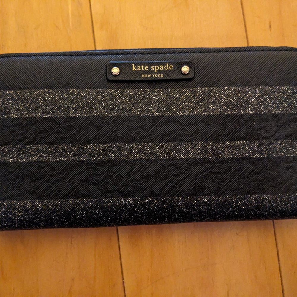 Kate Spade - Black and Silver Glitter Stripe Continental Wallet w/ Gold Hardware